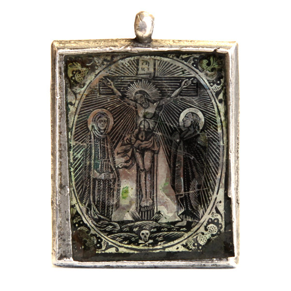 Старинная нательная иконка-образок Святая Варвара и Распятие Христово. Россия, Киев 1900-1910 год