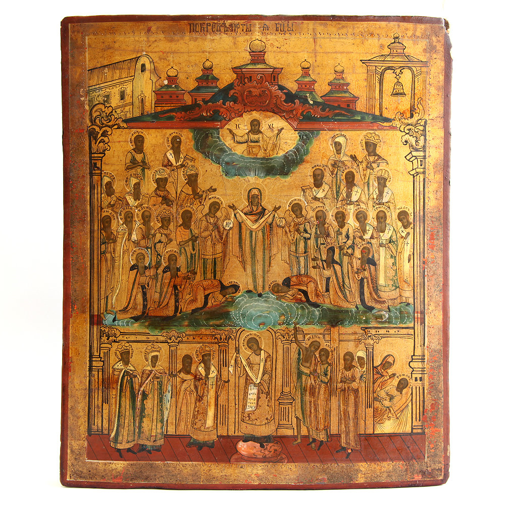 Старинная икона «Покров Пресвятой Богородицы» с подписанными 35 святыми. Россия, XIX век.