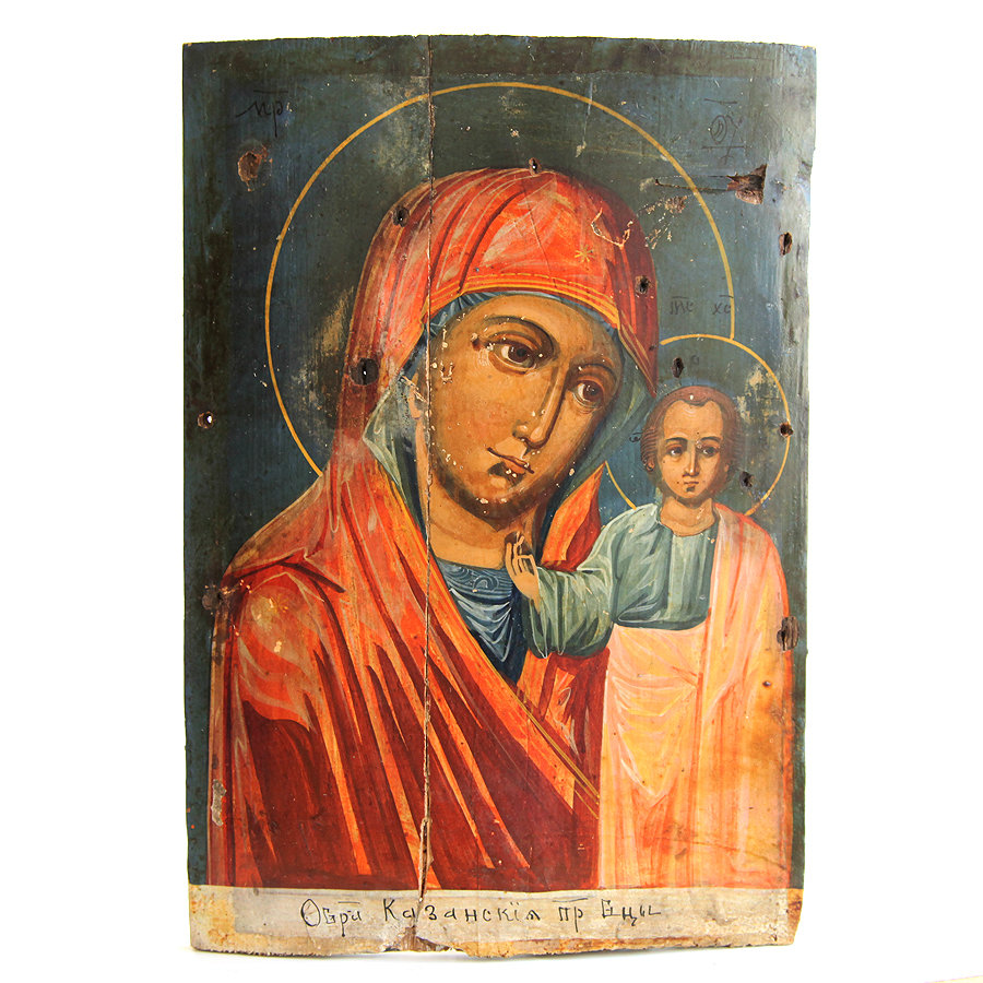 Старинная православная икона Казанской Божией Матери, написанная на щепе. Россия XIX век.