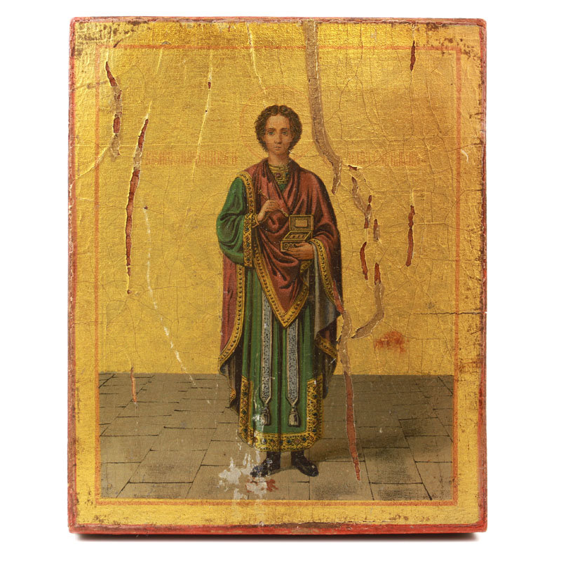 Старинная печатная икона святой великомученик Пантелеймон целитель. Афон, XIX век.