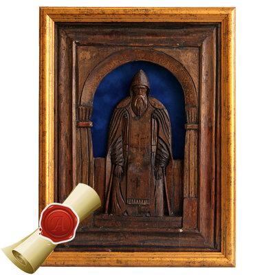 Крупная резная деревянная икона святой Преподобный Нил Столобенский. Россия, Нилова Пустынь 1860-1890 год