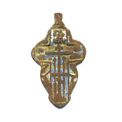 Крупный мужской старинный православный нательный крестик с белой и голубой эмалью 4,3 см