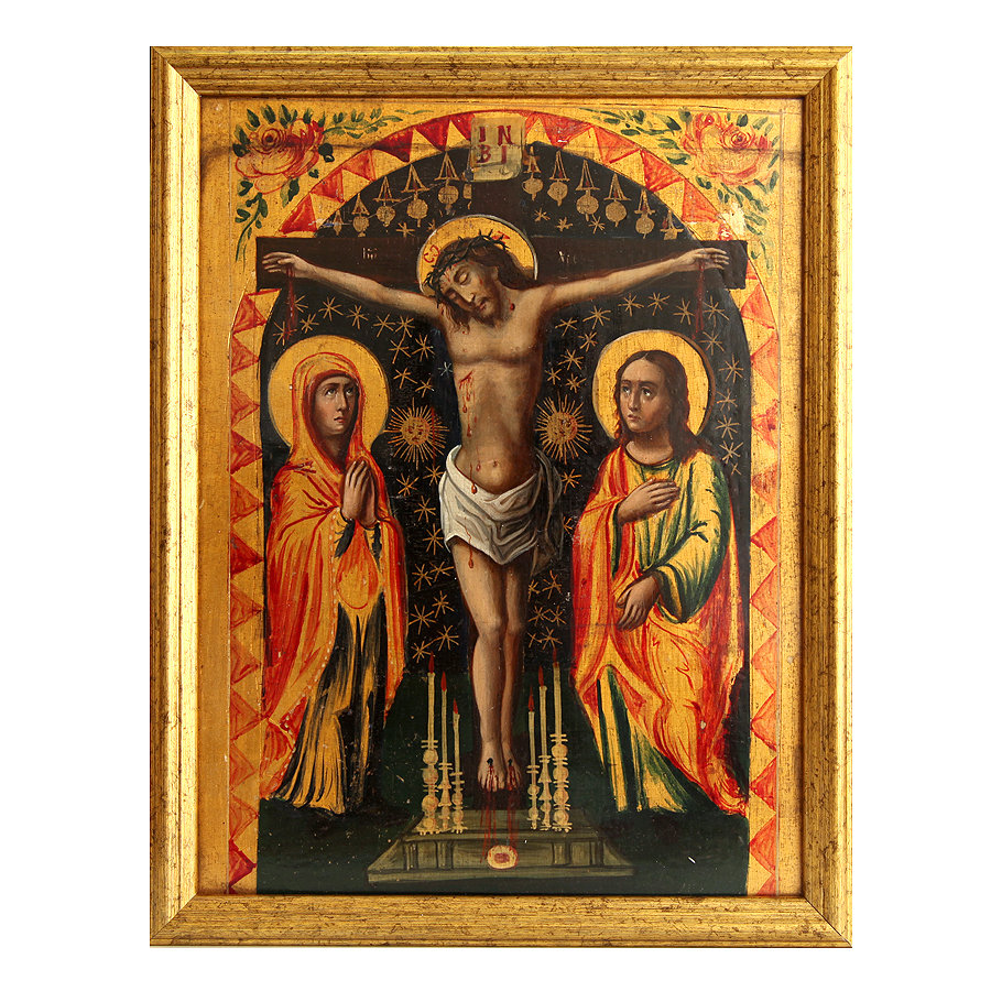 Старинная намоленная паломническая икона Распятие Господа Иисуса Христа. Святая Земля, Иерусалим XIX Век.