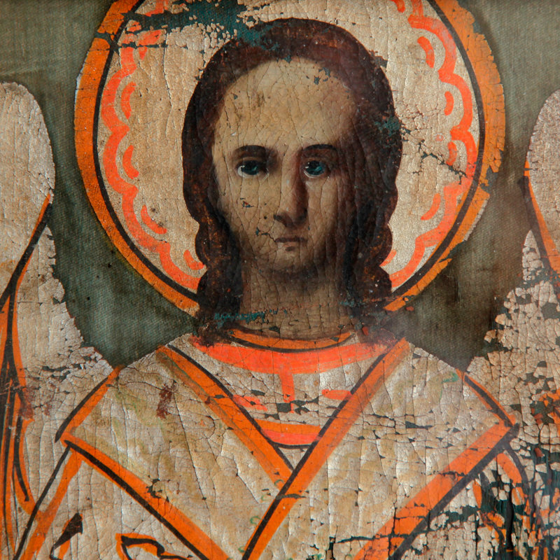 Старинная икона Ангела-Хранителя, хоругвь в светлом багете. Россия XIX Век.
