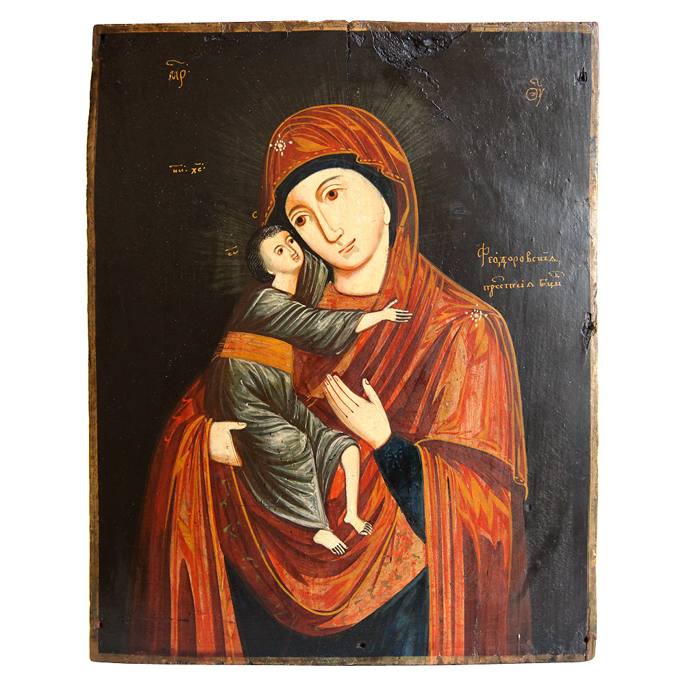 Старинная икона для женщины, образ Феодоровской Пресвятой Богородицы. Россия XIX век.