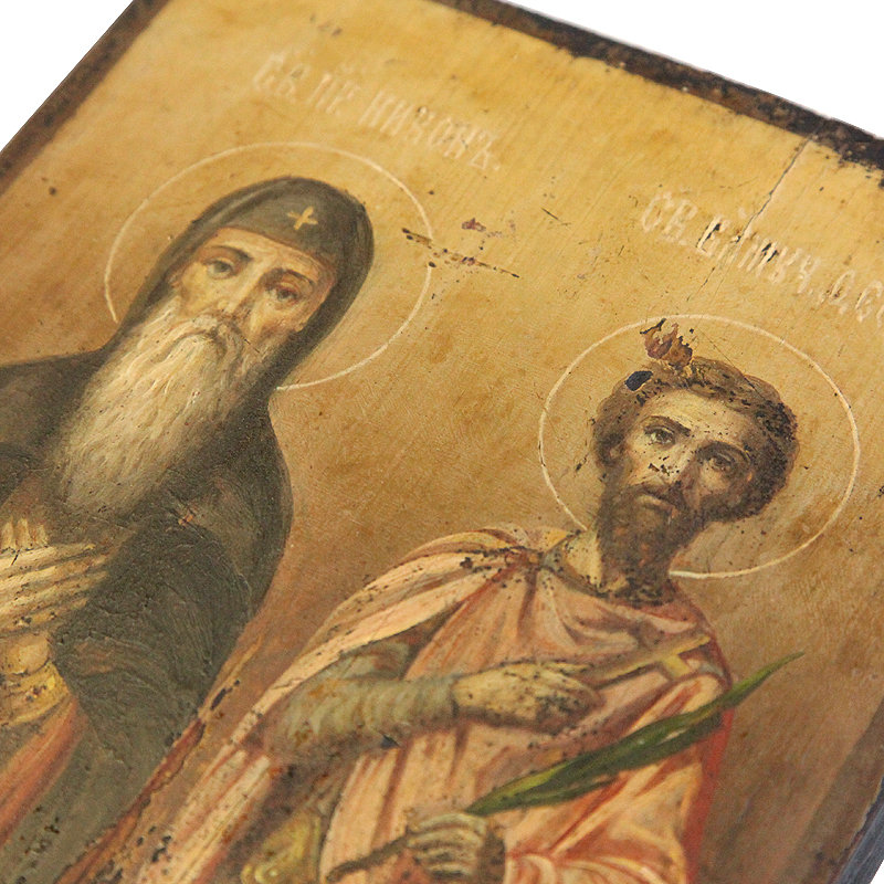 Старинная икона Святой Никон и Святой Феодор Стратилат. Россия, Новгород 1820-1840 год