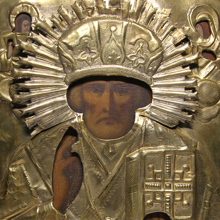Cтаринная икона святой Николай Чудотворец в латунном окладе. Россия 19 век