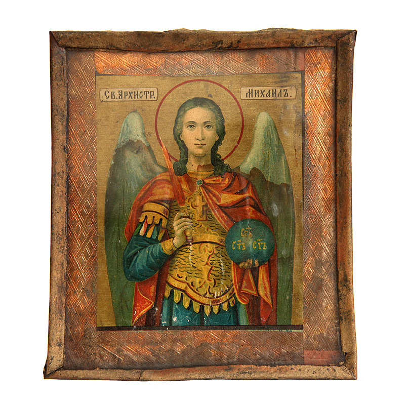 Старинная печатная икона Святой Архангел Михаил в оригинальной рамке. Россия, Одесса 1907 год.