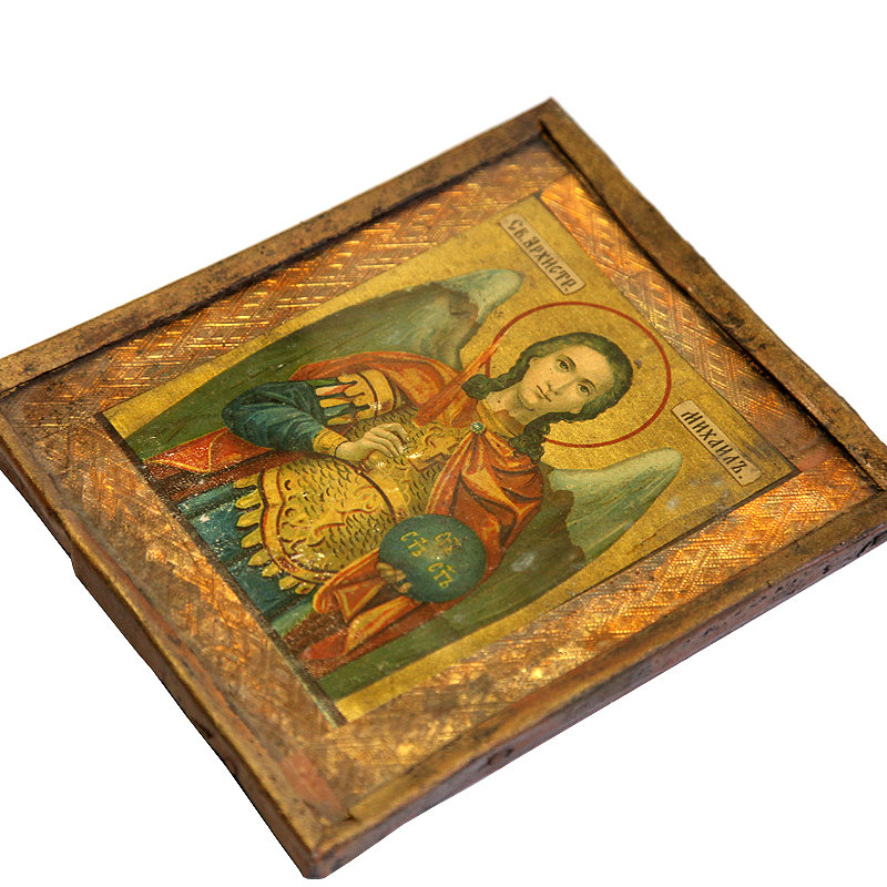 Старинная печатная икона Святой Архангел Михаил в оригинальной рамке. Россия, Одесса 1907 год.