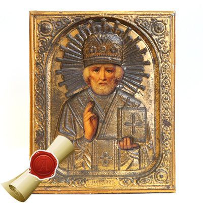 Cтаринная печатная икона святой Николай Чудотворец в латунном окладе. Россия, Москва-Мстера 19 век.