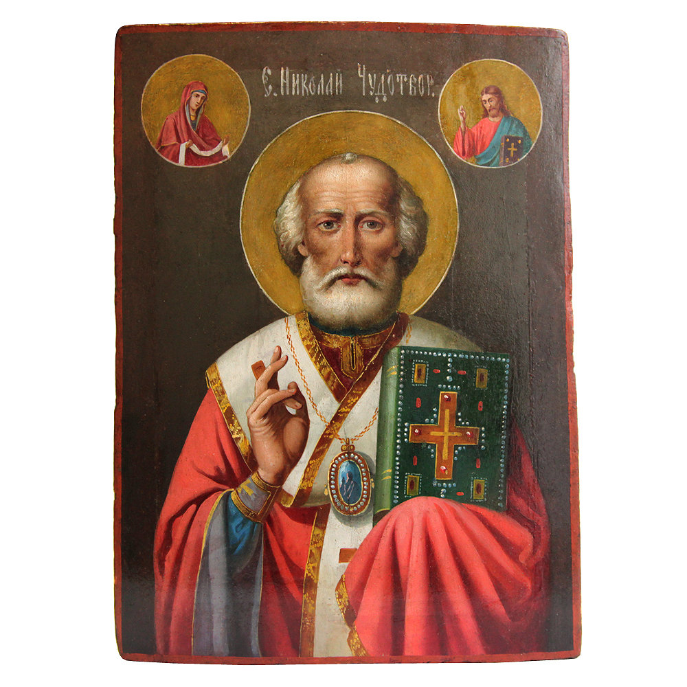 Cтаринная деревянная икона святой Николай Чудотворец в алых одеждах. Россия 19 век.
