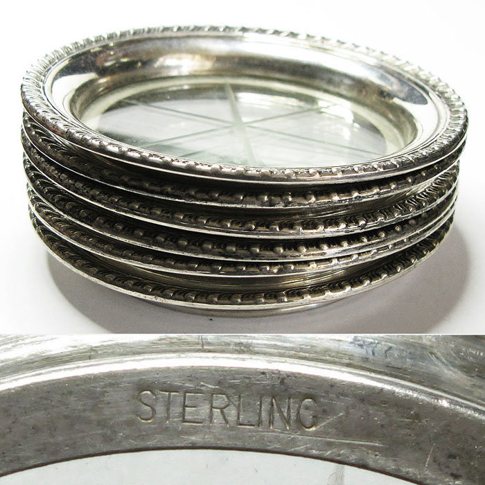Комплект из шести серебряных подставок со стеклом. Серебро STERLING США середина 20 века.