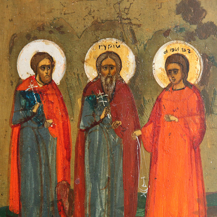 Старинная икона Покровители счастливой семьи Святые Гурий, Самон и Авив. Россия 1875-1900 год