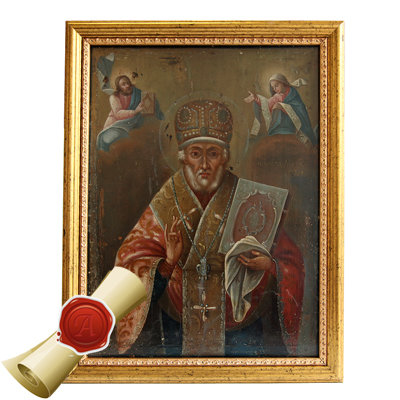 Старинная икона Святой Николай Чудотворец или Никола Угодник, в раме с музейным стеклом. Россия 1850-1860 гг.