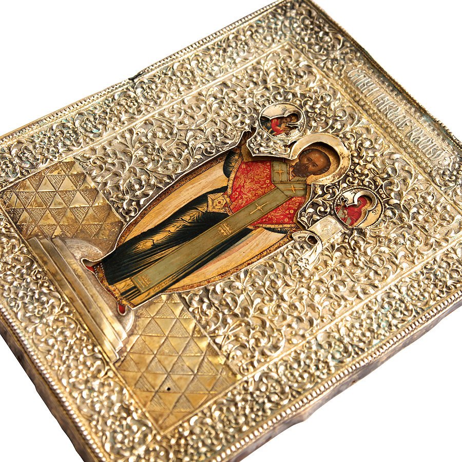 Редкая старинная икона Святой Николай Чудотворец «Зарайский» в серебряном окладе. Россия, Москва 1768 год.