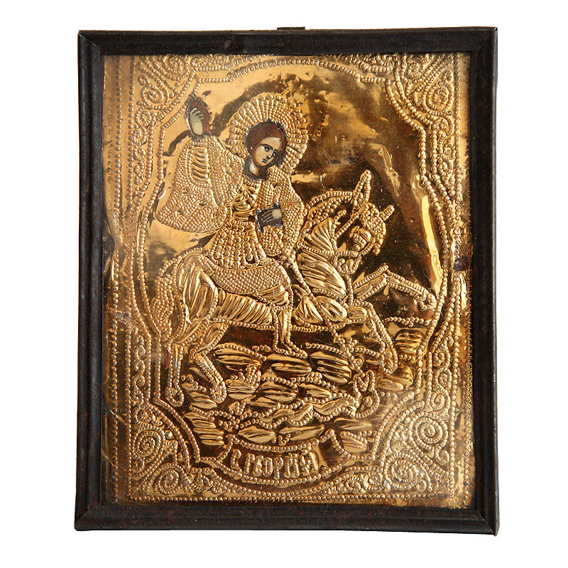 Старинная икона Святого Георгия Победоносца поражающего змия. Россия 1890-1900 год