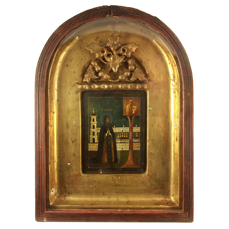 Старинная икона святой преподобный Дорофей Югский, икона в киоте. Россия, Югская Дорофеева пустынь 1860-1890 год