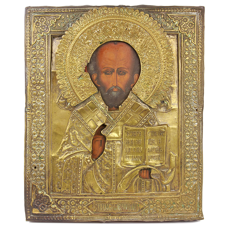 Старинная икона Николай Чудотворец в рельефном латунном окладе. Россия 1880-1900 год