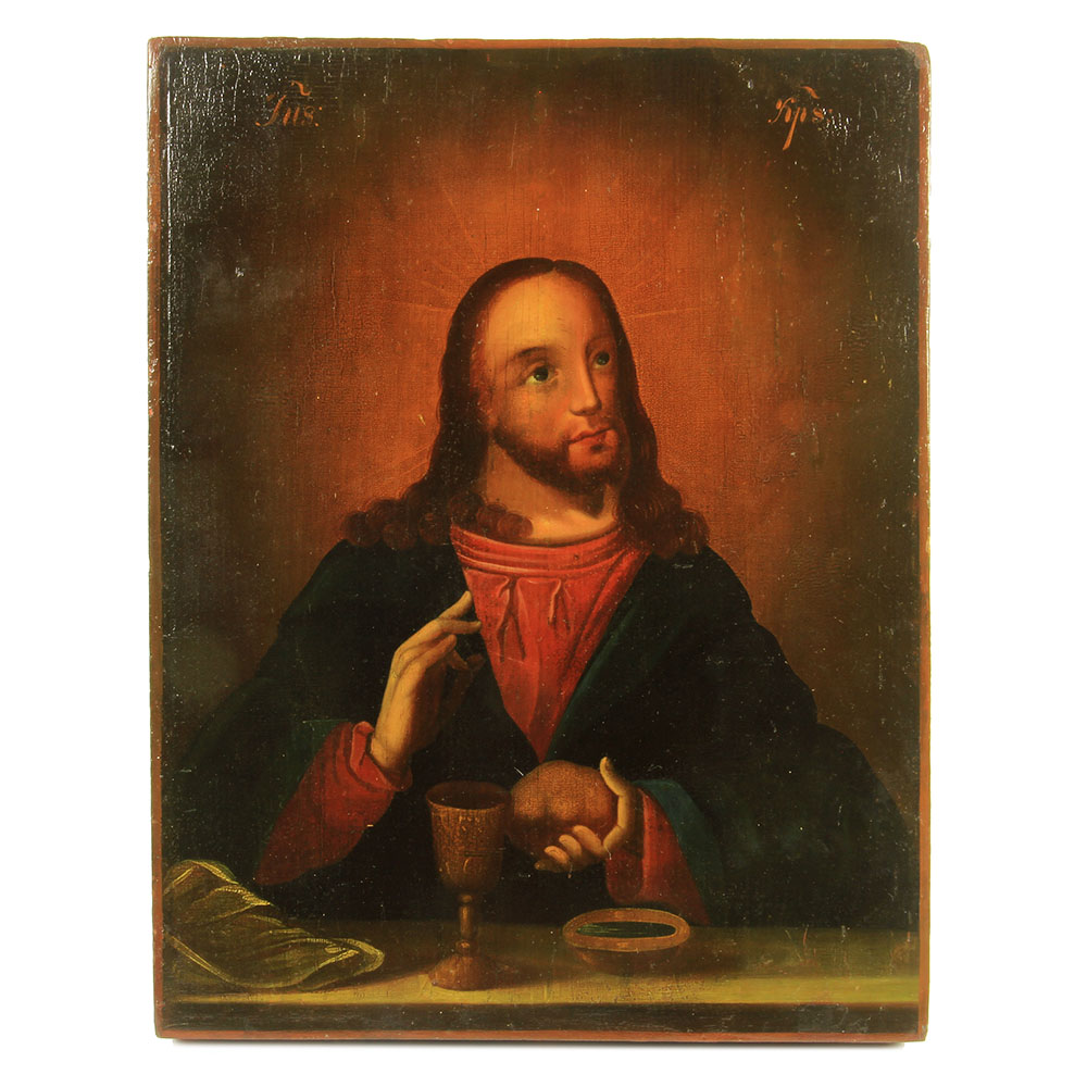 Антикварная икона Иисус Христос С Хлебом И Вином или Хлебный Спас. Россия, Санкт-Петербург 1870-1890 год