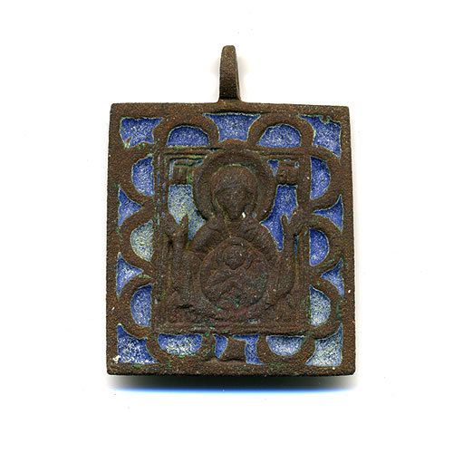 Старинный бронзовый образок 18 века Божья Матерь Знамение или Оранта с эмалью.