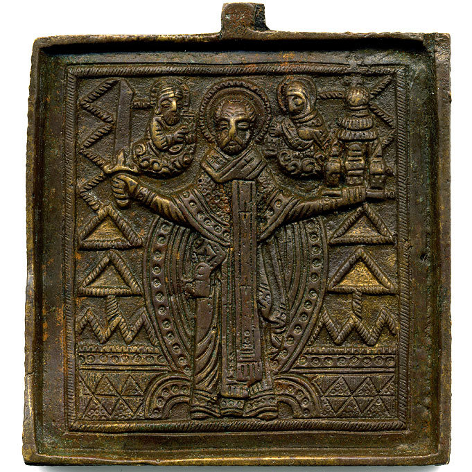 Старинная литая икона Святой Николай Чудотворец Можайский с мечом и замком. С оборотом.