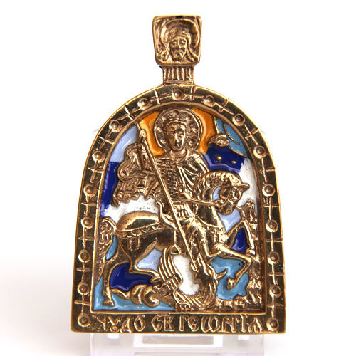 Современная литая православная иконка Святой Георгий Победоносец. Эмаль.