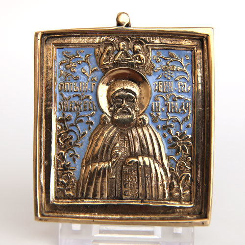 Современная литая православная иконка Преподобный Сергий Радонежский. Эмаль.