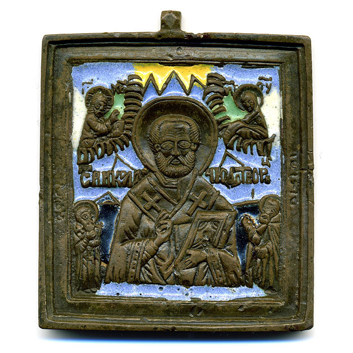 Старинная маленькая бронзовая Икона Святитель Николай Чудотворец. Эмаль.