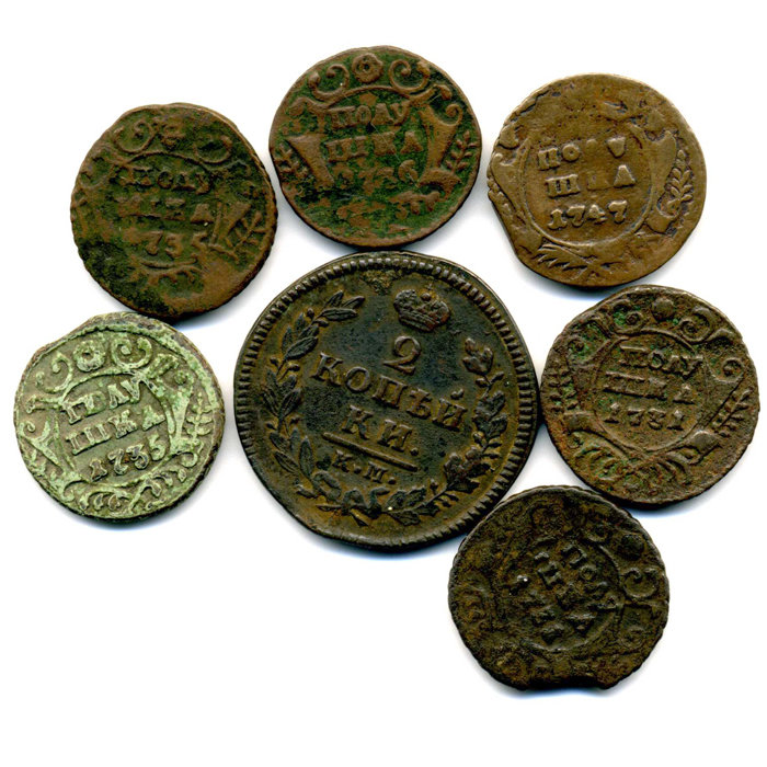 Небольшая коллекция из 22 старинных медных монет. Россия XVIII век.