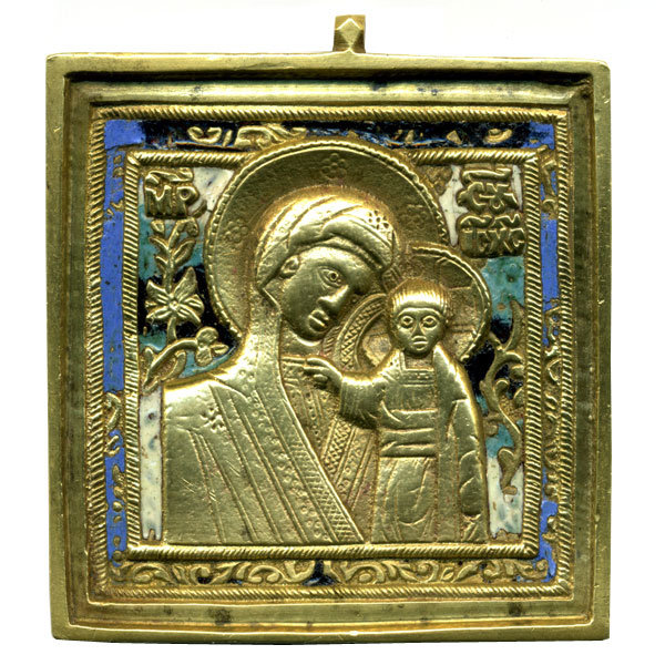 Старинная литая икона Казанская икона Божией Матери. 19 век, эмали.
