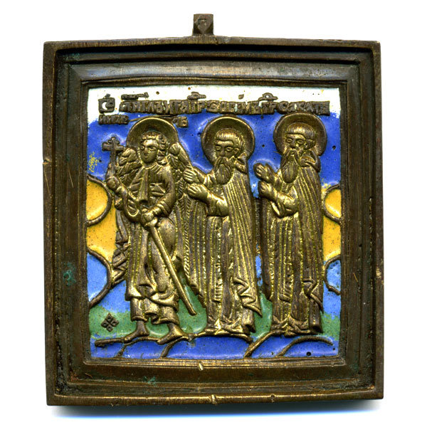 Старинная литая иконка 19 века Ангел-хранитель, святые Зосима и Савватий Соловецкие с клеймом 