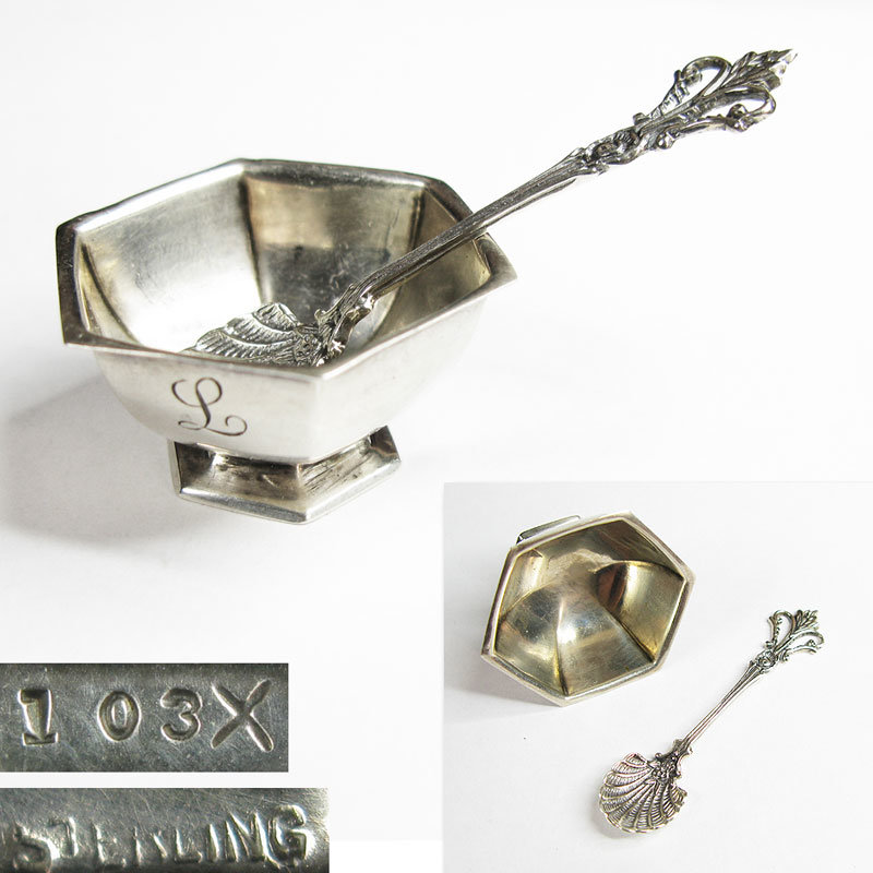 Старинная серебряная солонка с ложечкой в стиле Винтаж. STERLING Европа начало 20 века.