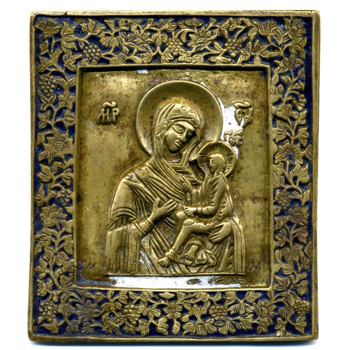 Старинная литая икона Тихвинской Божьей Матери в виноградной лозе. Россия 1860-1880 год