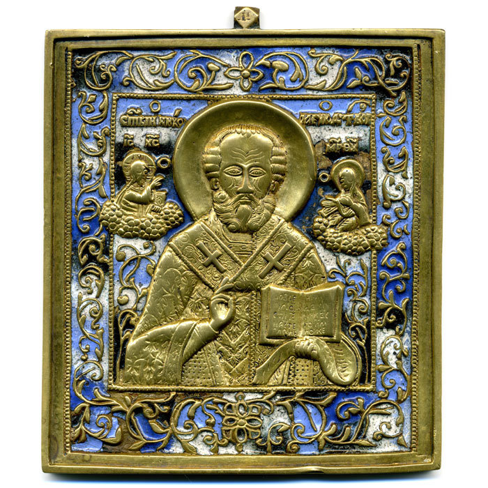 Антикварная меднолитая православная икона в эмалях святой Николай Чудотворец, Россия 19 век.