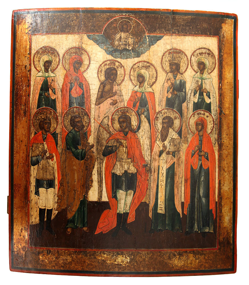 Старинная заказная православная икона «Архангел Михаил с избранными святыми» Урал, первая половина 19 века.