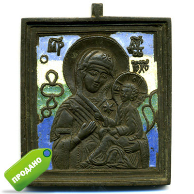 Старинная литая икона или бронзовый образок Тихвинская Икона Божией Матери с эмалью.