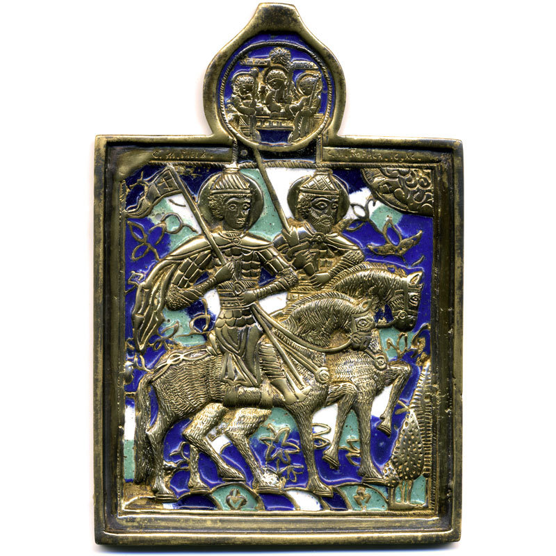 Красивая старинная литая икона Святые Благоверные князья Борис и Глеб эмали 5 цветов. Россия 19 век.