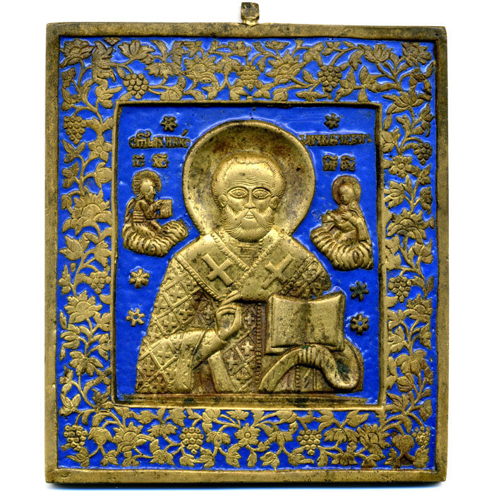 Антикварная бронзовая православная икона в эмалях святой Никола Чудотворец, Россия 19 век.