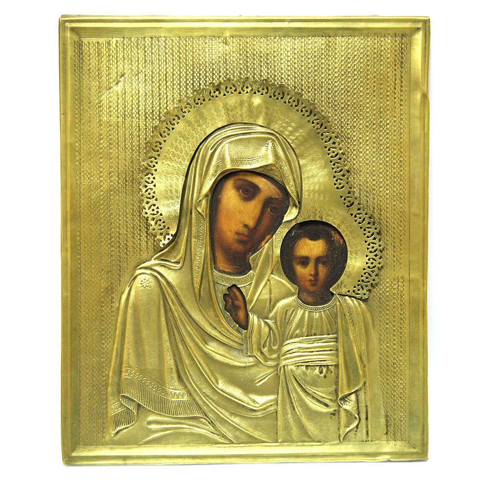 Большая старинная икона 19 века Пресвятая Богородица Казанская в золоченом объемном окладе.