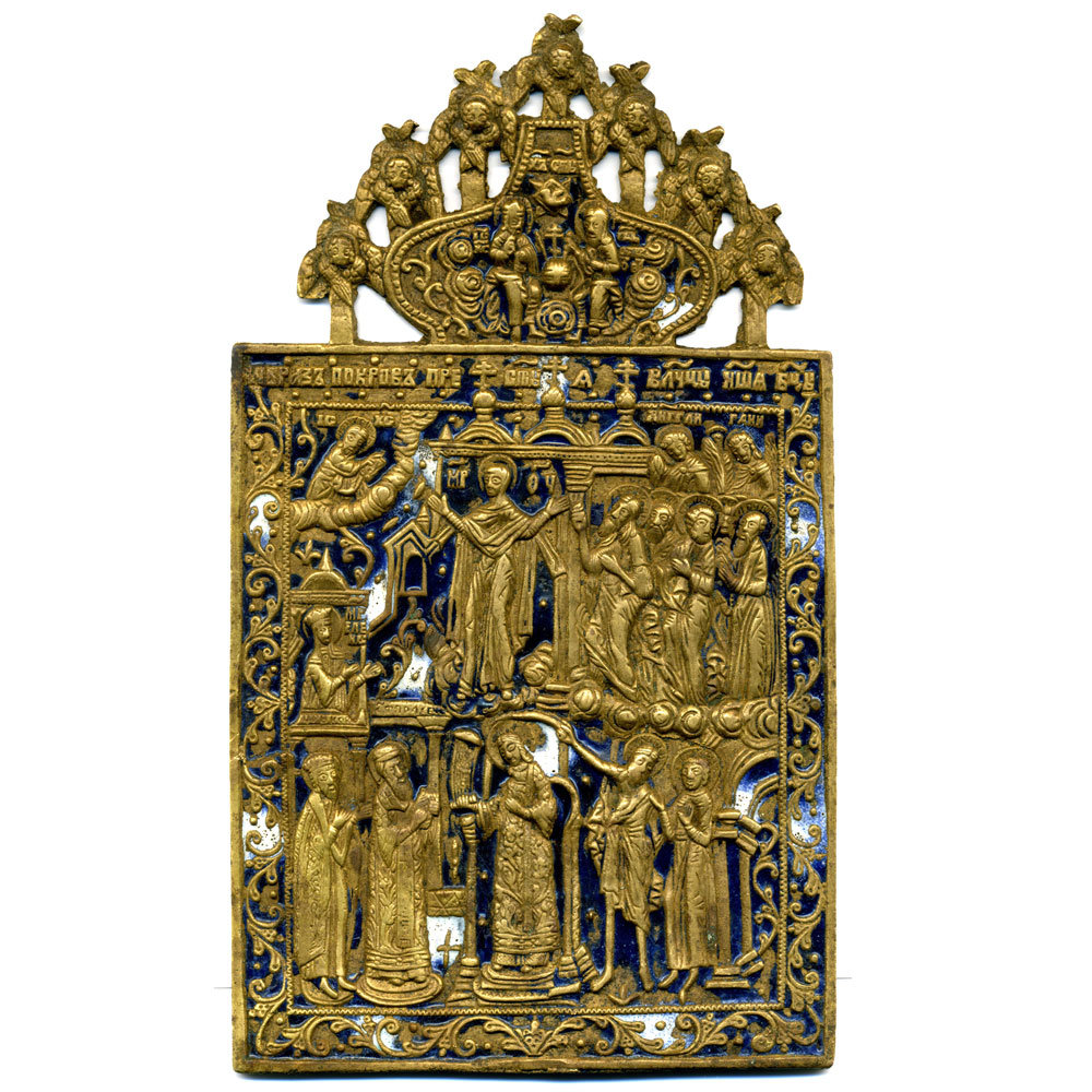 Большая старинная бронзовая икона Покров Пресвятой Богородицы в двух эмалях. Рубеж 18-19 века.