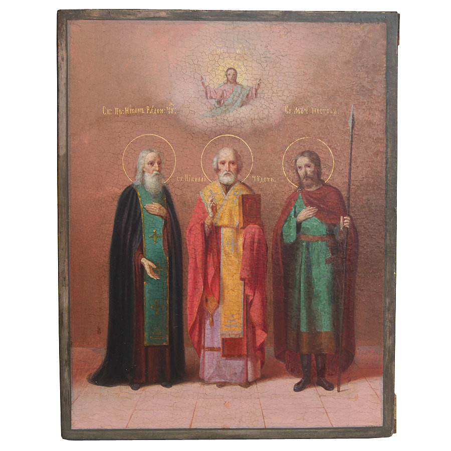 Большая старинная икона 19 века с изображением трех святых: Святитель Николай Чудотворец, Преподобный Никон Радонежский Чудотворец и святой мученик Нестор Солунский.