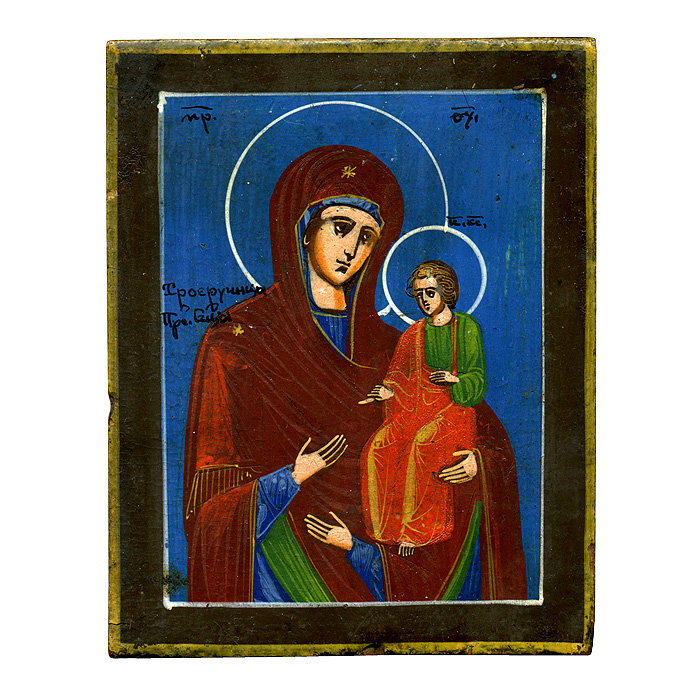 Миниатюрная старинная пядничная икона 19 века Пресвятая Богородица Троеручица.