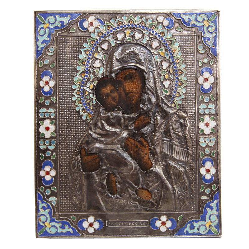 Старинная икона в серебряном окладе Владимирская Богородица, Россия 19 век.