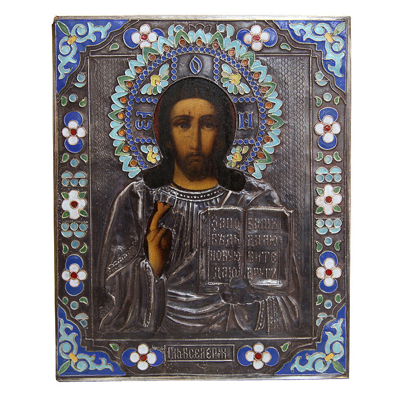 Старинная икона в серебряном окладе Господь Вседержитель южнорусский тип, Россия 19 век.