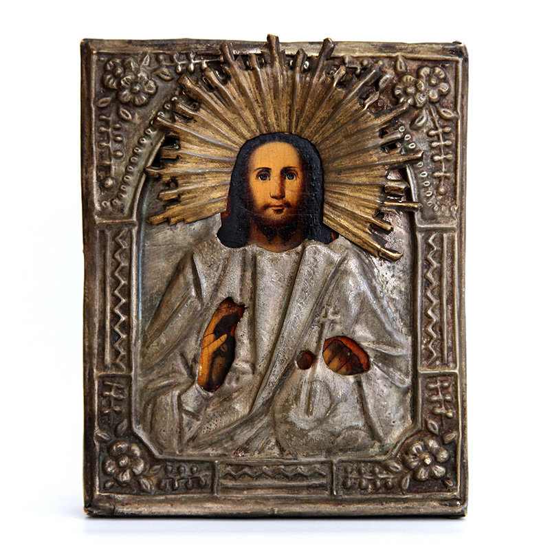 Старинная православная иконка 19 века с образом Господа Вседержителя в латунном окладе.