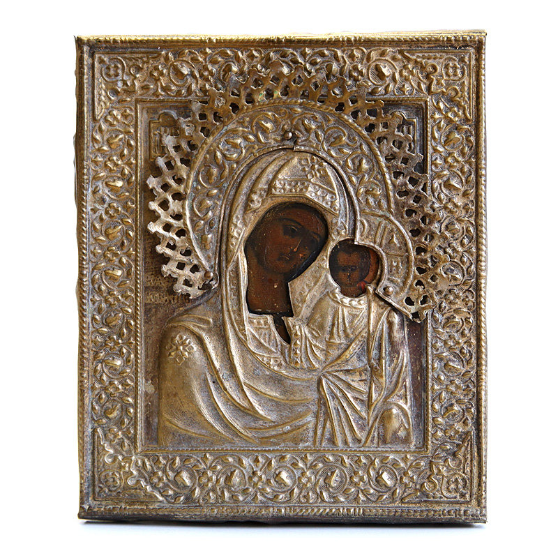 Старинная икона 19 века Богородица Казанская в ажурном окладе, иконописные мастерские Холуй.