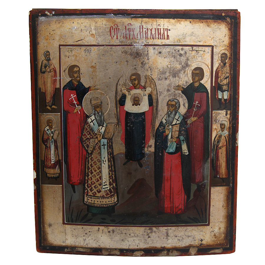 Старинная обетная икона 19 века Архангел Михаил с избранными и патрональными святыми. Икона с экспертизой!