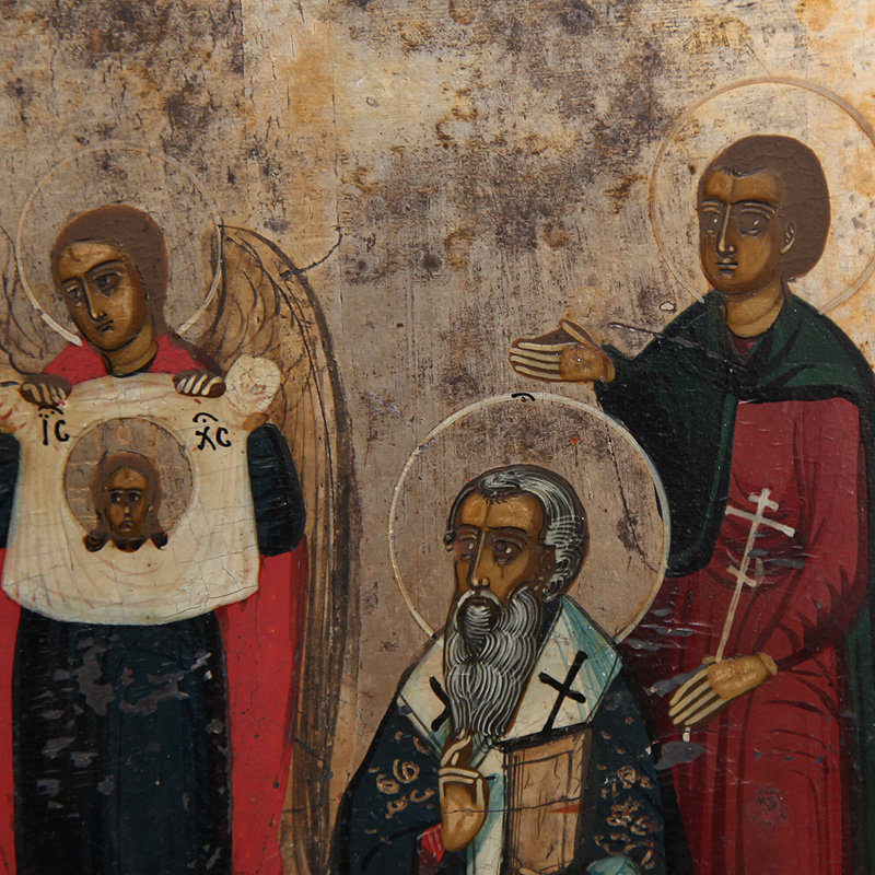 Старинная обетная икона 19 века Архангел Михаил с избранными и патрональными святыми. Икона с экспертизой!