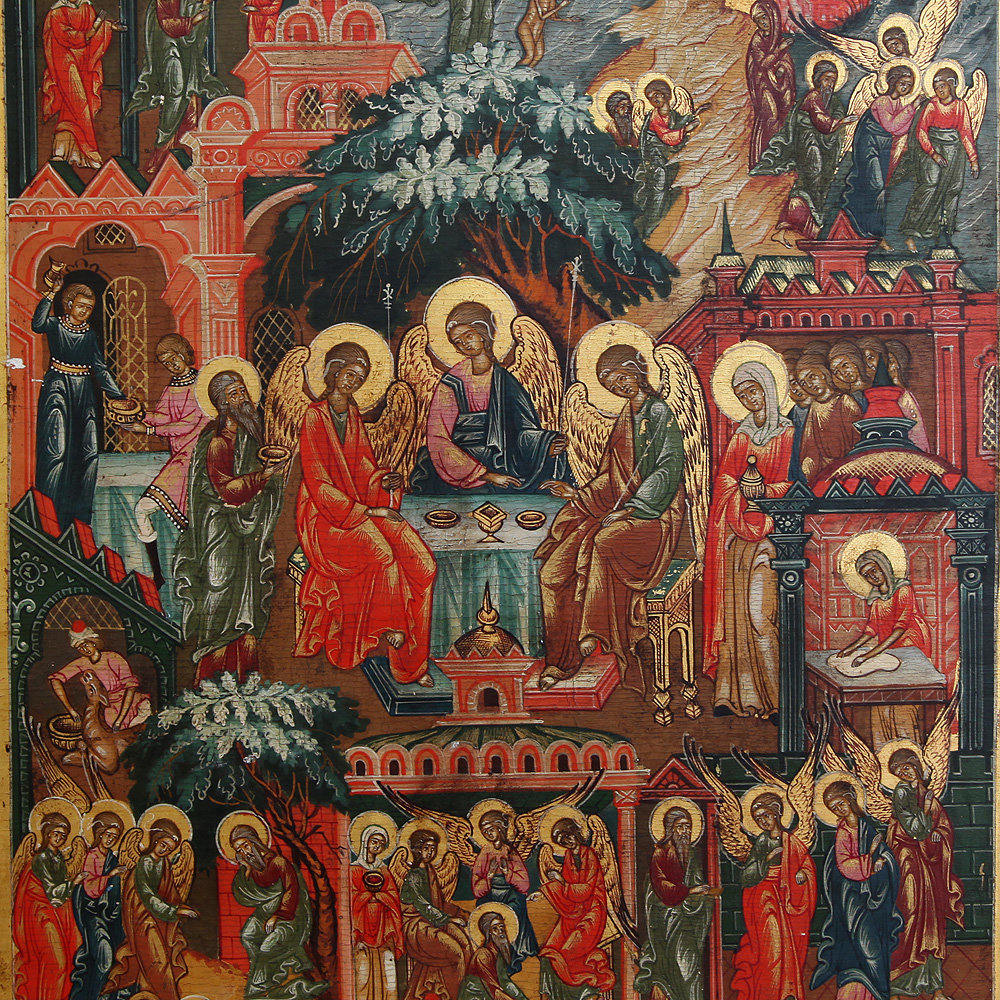 Очень красивая коллекционная икона Святая Троица ветхозаветная с бытием и хождением, икона кисти Алексея Кудлая Москва 1996 год.
