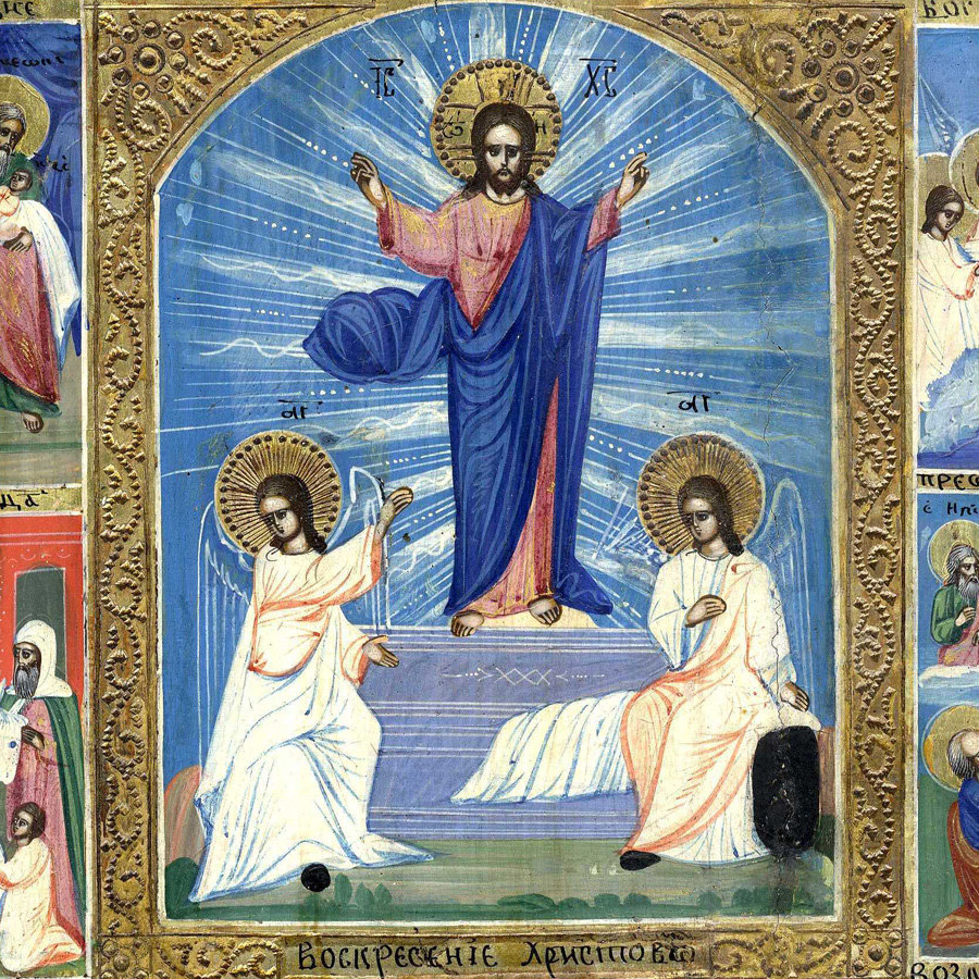 Старинная икона Двунадесятые Праздники с Воскресением Христовым в середнике. Старинная икона с экспертизой!